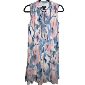 DKNY Sleeveless Shift Dress Tie Neck Pleated Chiffon Floral Knee Length